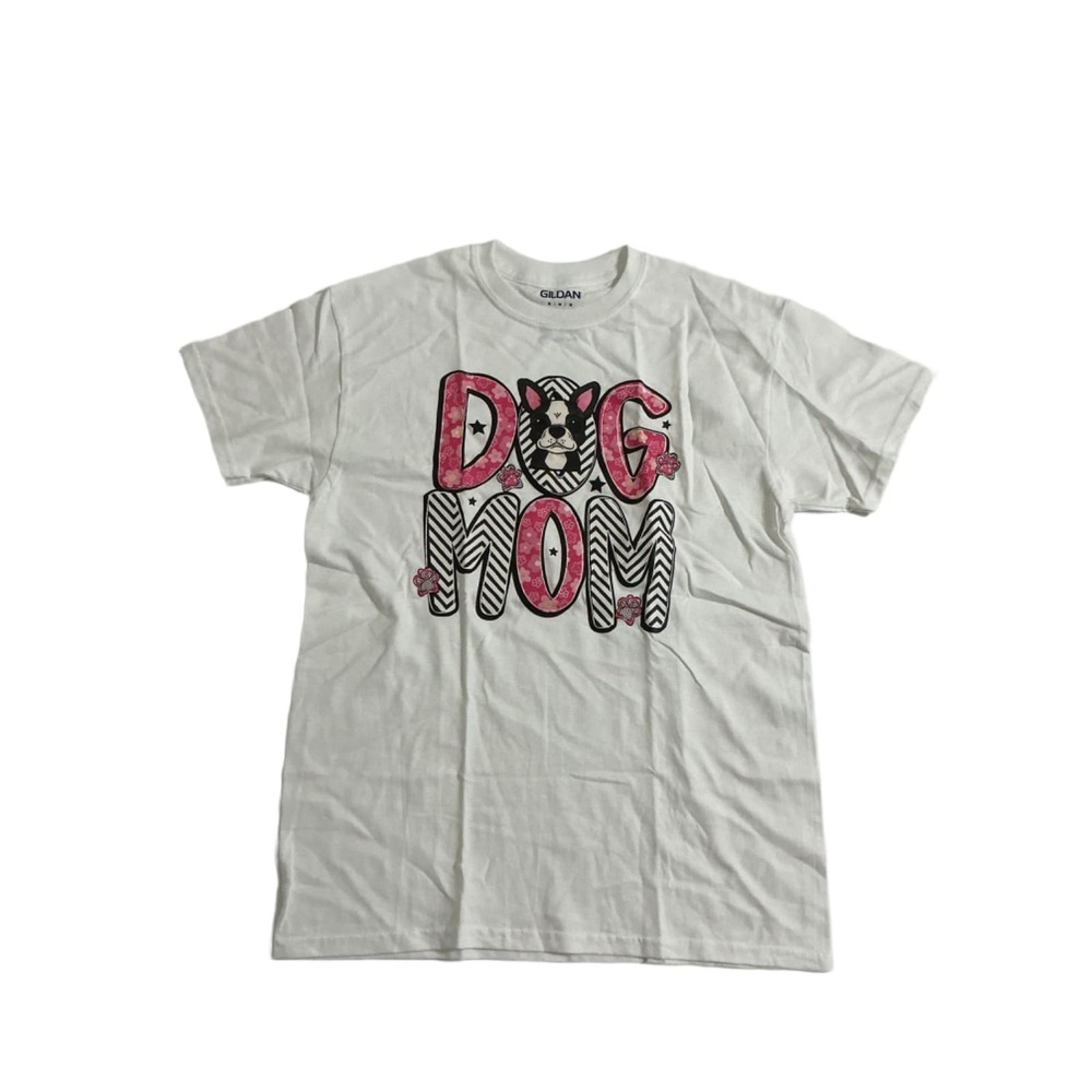 Dog Mom T-Shirt Gildan Medium White Boston Terrier Graphic Tee Cotton New